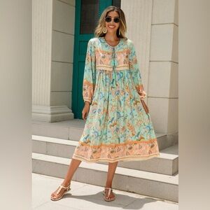 R. Vivimos Women's Long Sleeve Floral Print Tassel Bohemian Midi Dress Sz M